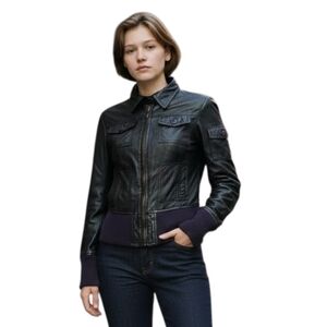 Zara Retro 90s Black Leather Jacket With Ribbed Knit Cuffs And Hem Small